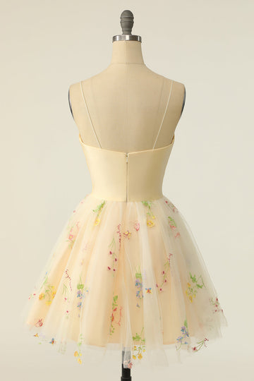 Champagne Tulle A-line Cocktail Dress with Embroidery
